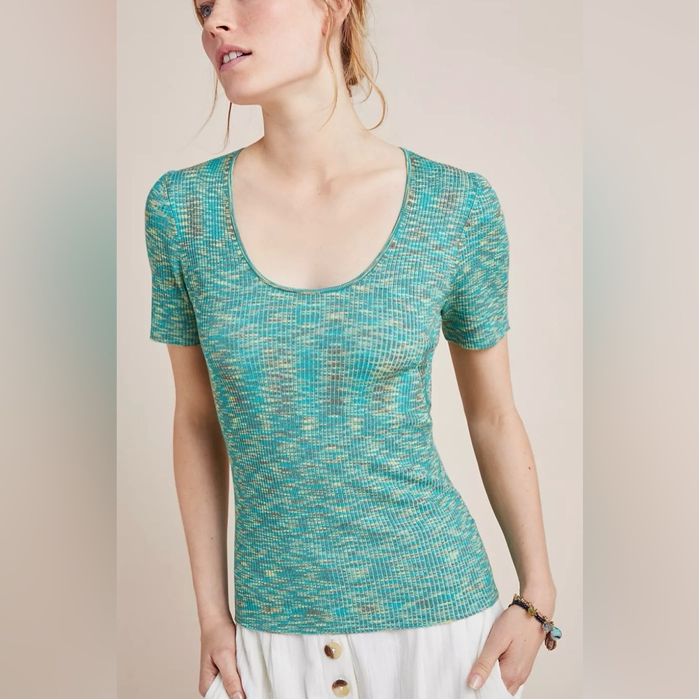 Anthropologie Zuzu Space-Dyed Sweater Tee Sz Small Green Blue Scoop Neck Office